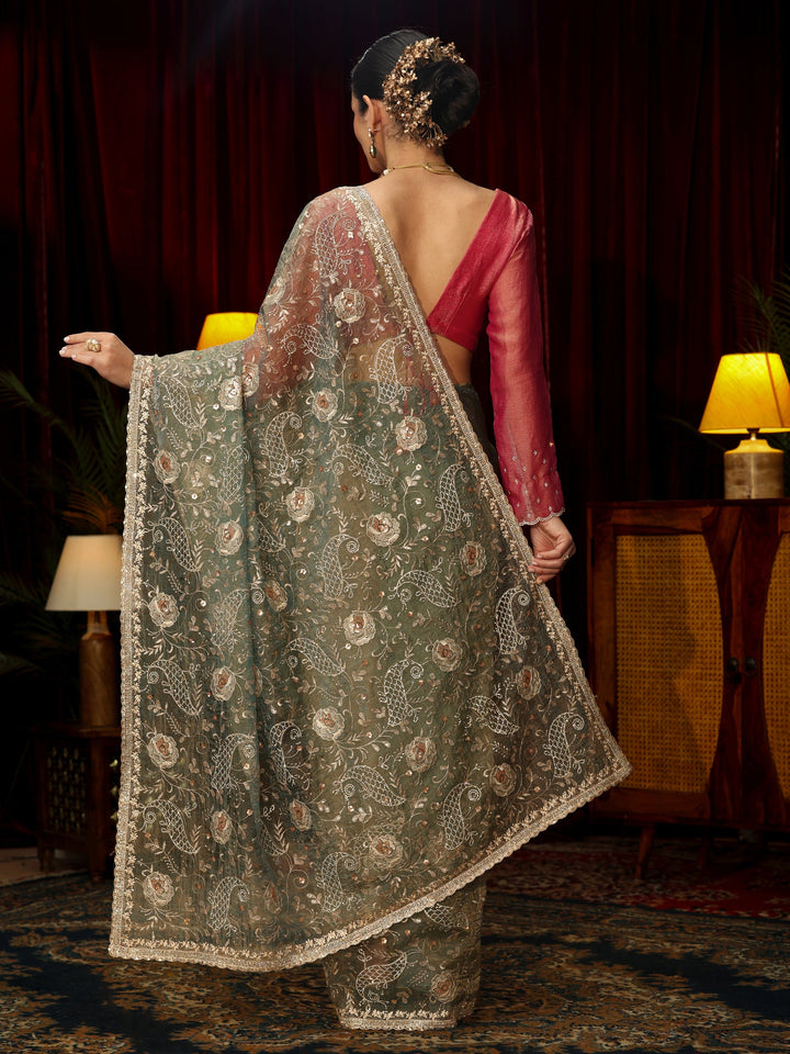 Libas Art Ice Blue Stone Work Embellished Tissue Saree