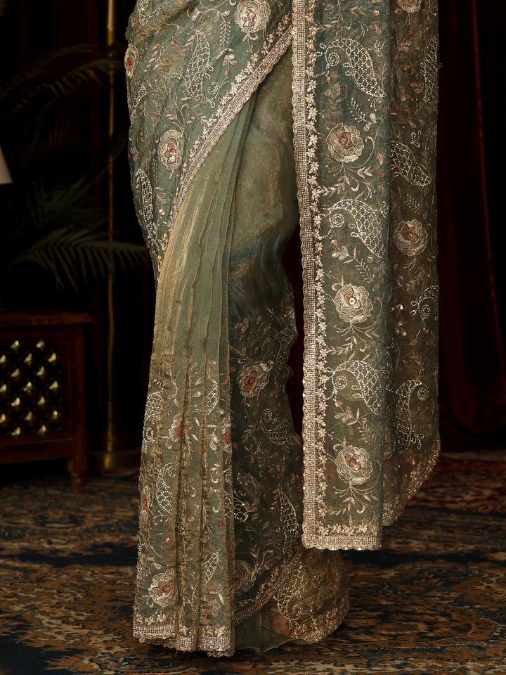 Libas Art Ice Blue Stone Work Embellished Tissue Saree