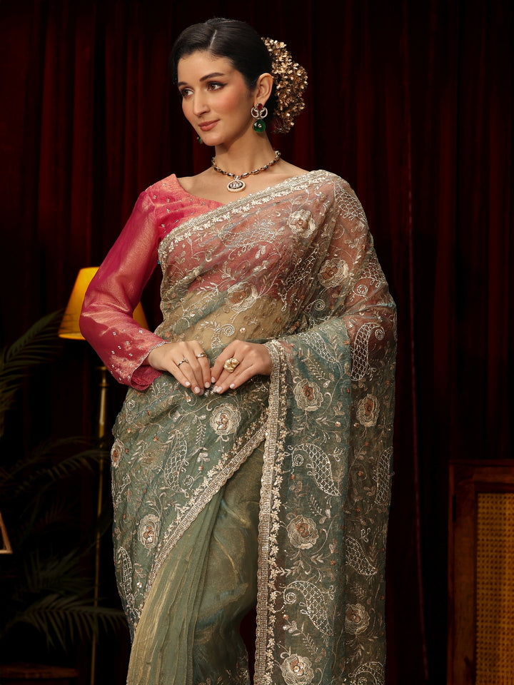 Libas Art Ice Blue Stone Work Embellished Tissue Saree