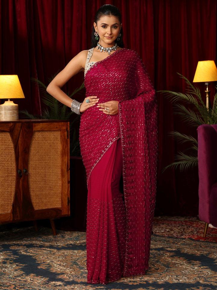 Libas Art Dark Pink Sequin Embellished Tissue Saree