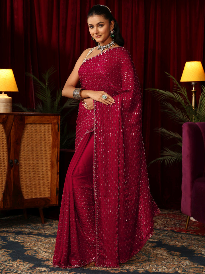Libas Art Dark Pink Sequin Embellished Tissue Saree
