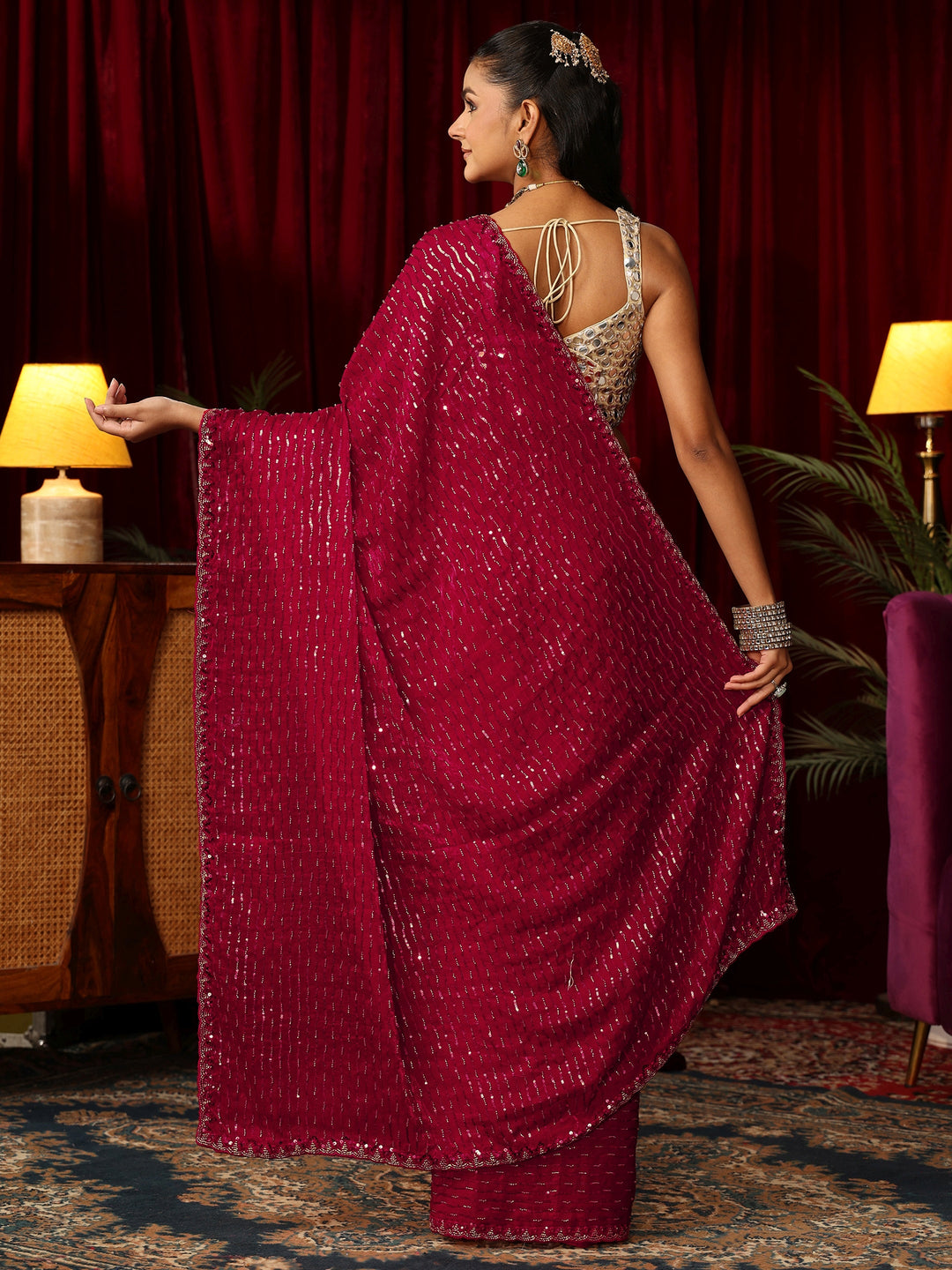 Libas Art Dark Pink Sequin Embellished Tissue Saree