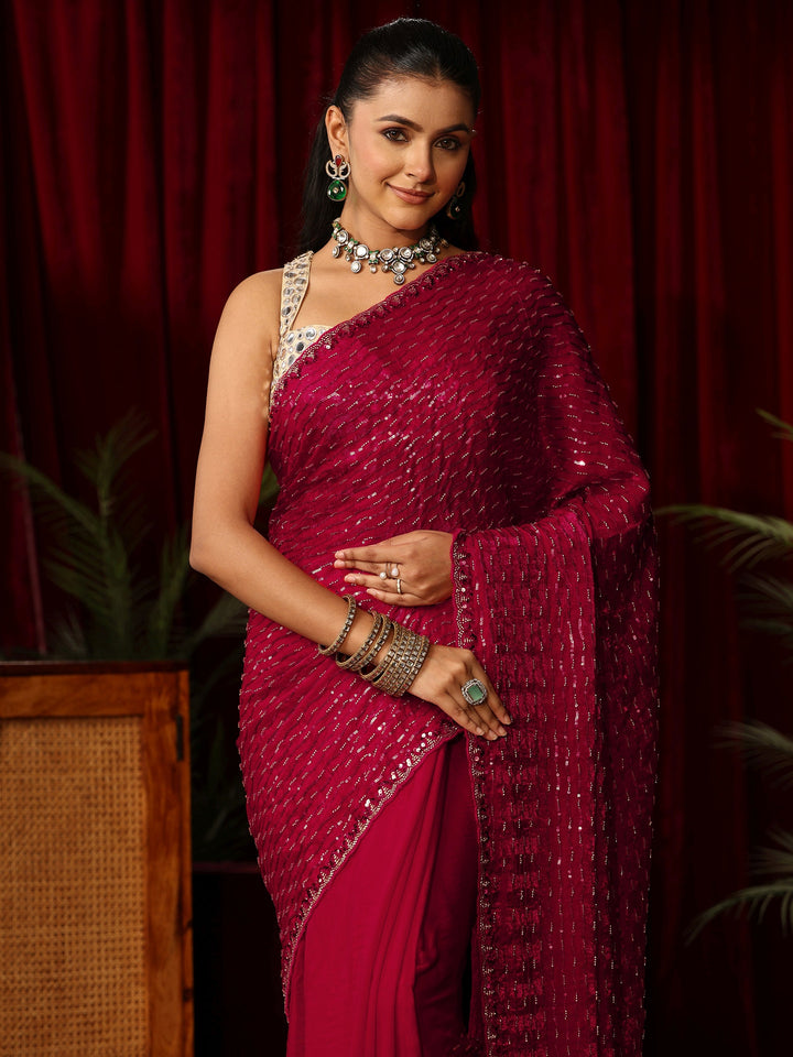 Libas Art Dark Pink Sequin Embellished Tissue Saree