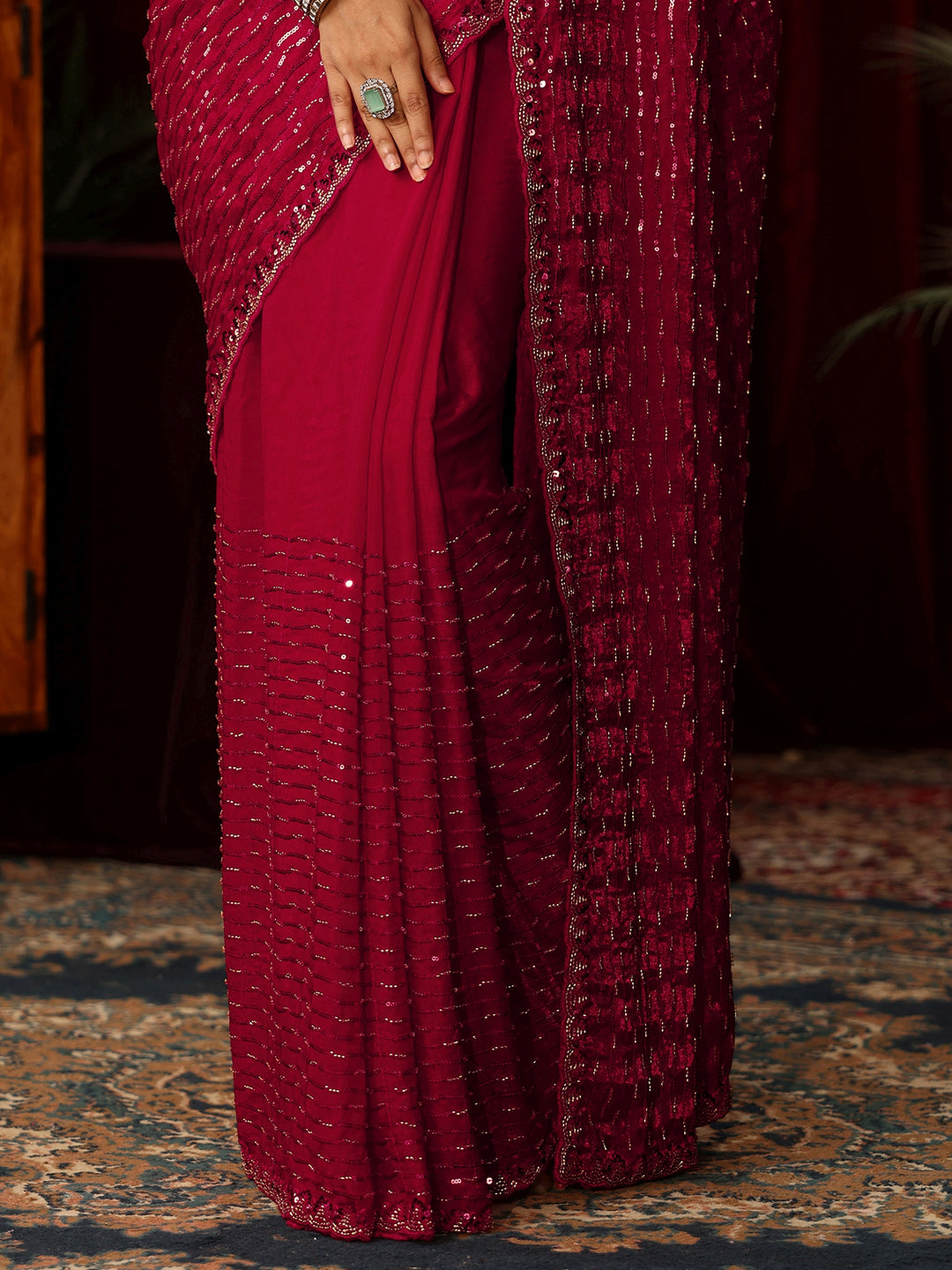 Libas Art Dark Pink Sequin Embellished Tissue Saree