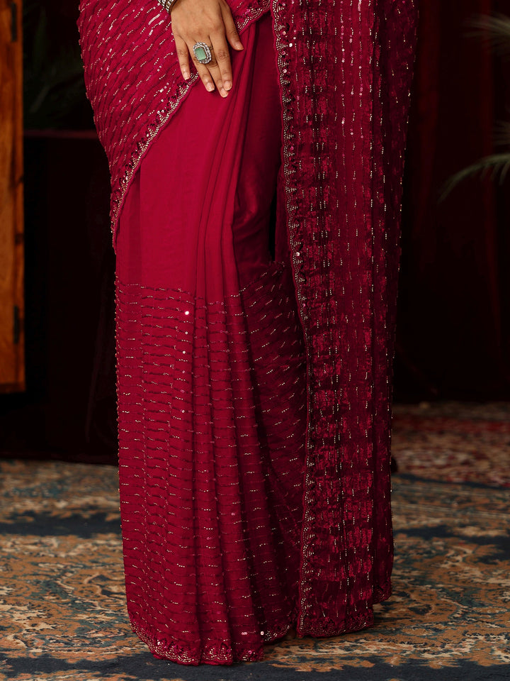 Libas Art Dark Pink Sequin Embellished Tissue Saree