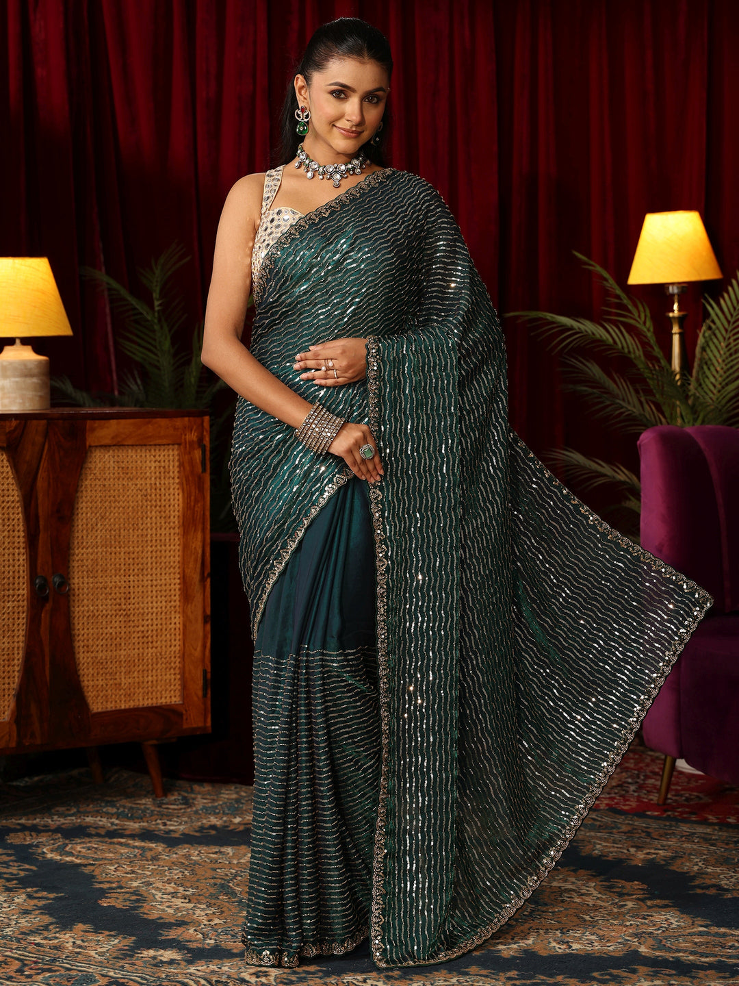 Libas Art Teal Green Sequin Embellished Tissue Saree