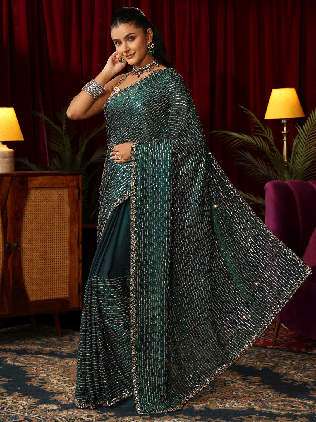 Libas Art Teal Green Sequin Embellished Tissue Saree