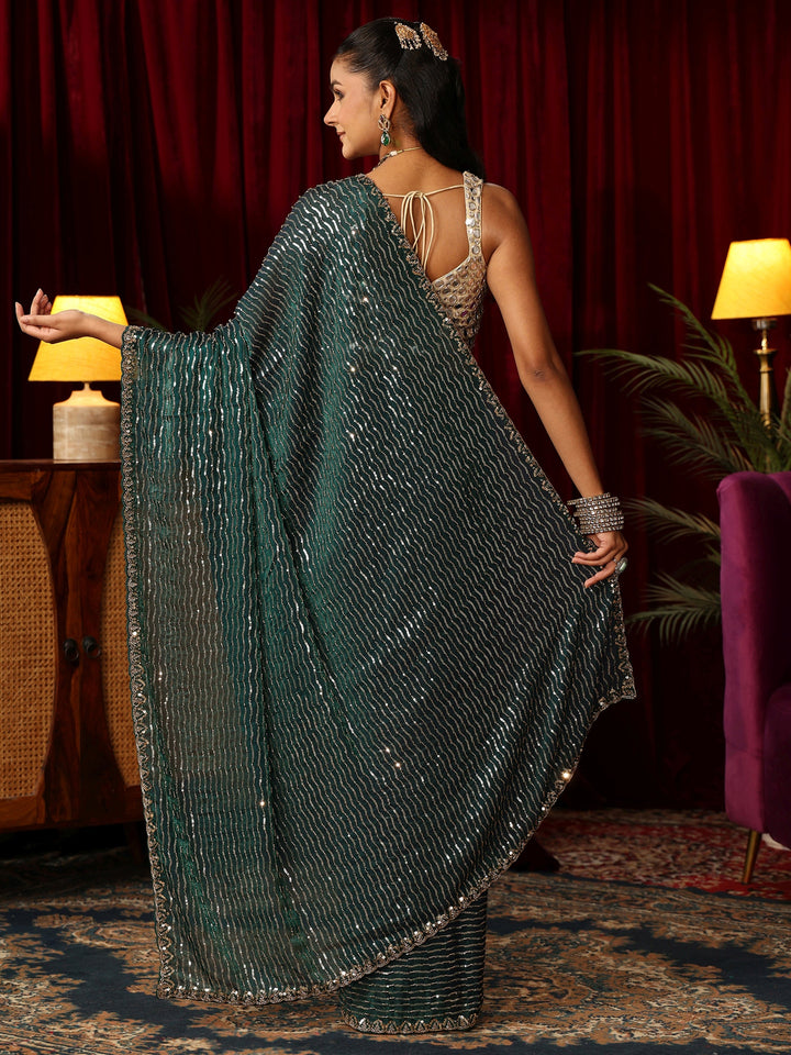 Libas Art Teal Green Sequin Embellished Tissue Saree