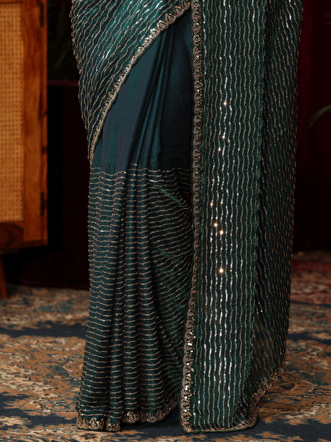 Libas Art Teal Green Sequin Embellished Tissue Saree