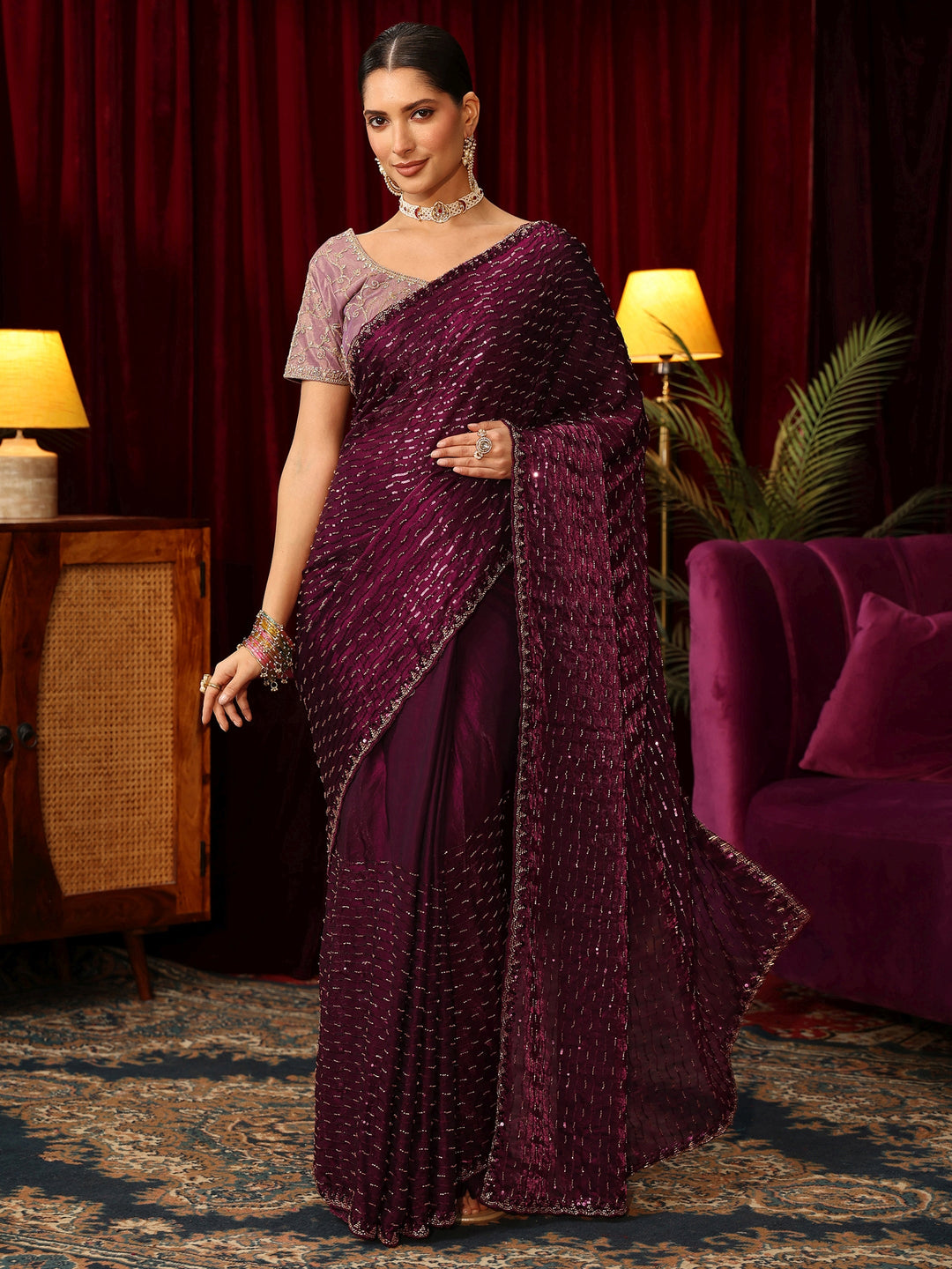 Libas Art Burgundy Sequin Embellished Tissue Saree