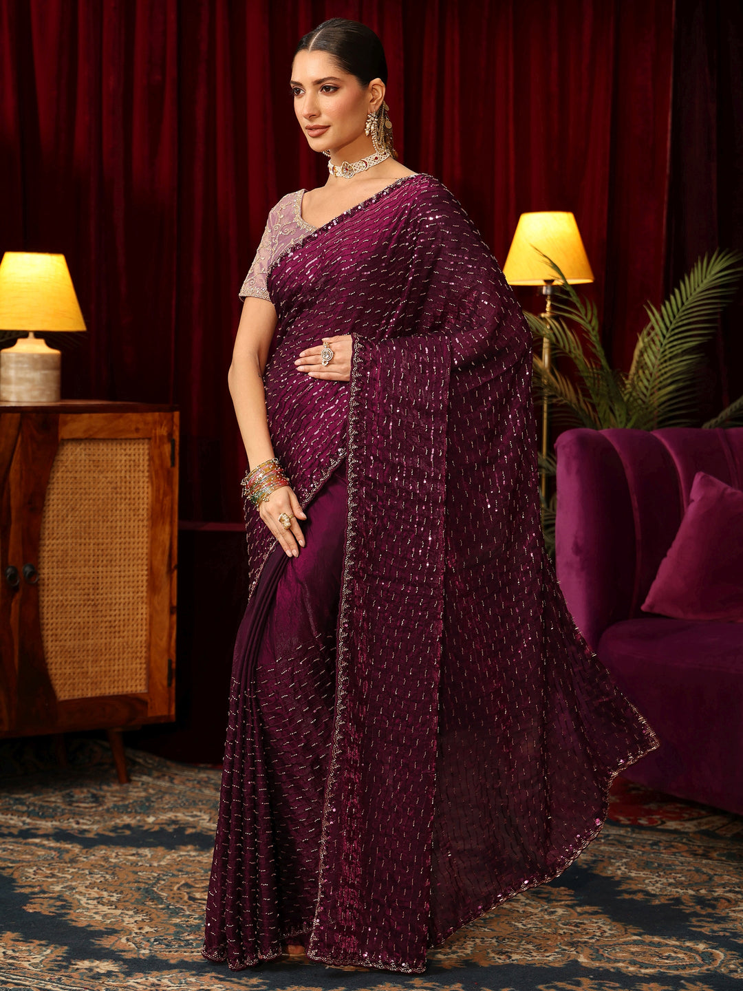 Libas Art Burgundy Sequin Embellished Tissue Saree
