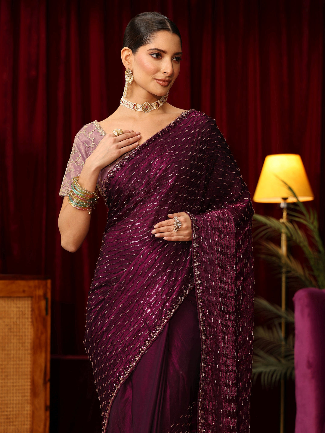 Libas Art Burgundy Sequin Embellished Tissue Saree