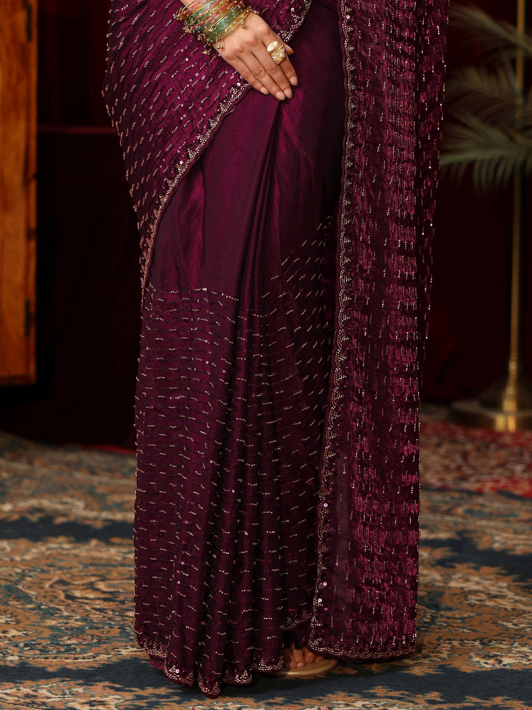Libas Art Burgundy Sequin Embellished Tissue Saree
