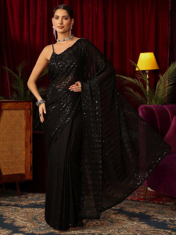 Libas Art Black Sequin Embellished Tissue Saree