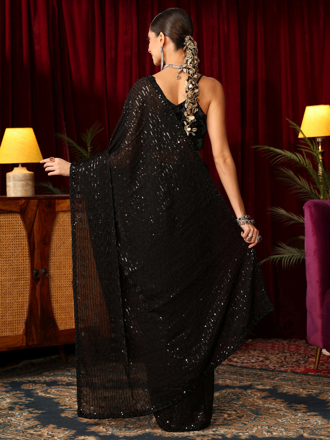 Libas Art Black Sequin Embellished Tissue Saree