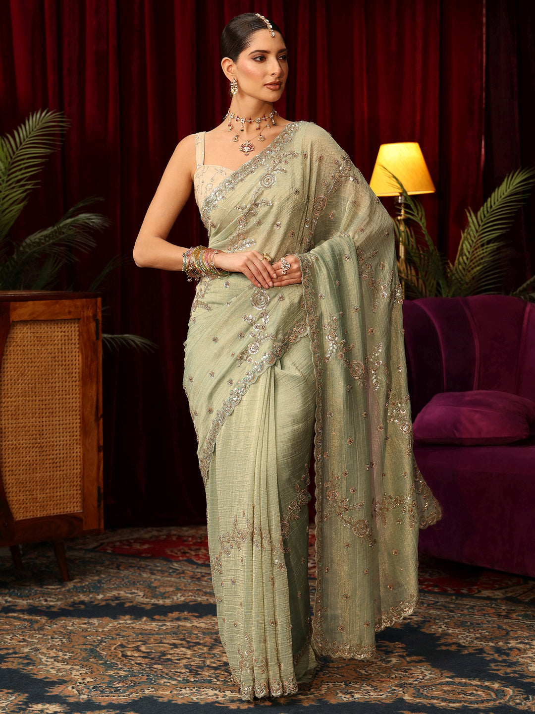 Libas Art Sage Green Beads and Sequin Floral Embellished Tissue Saree