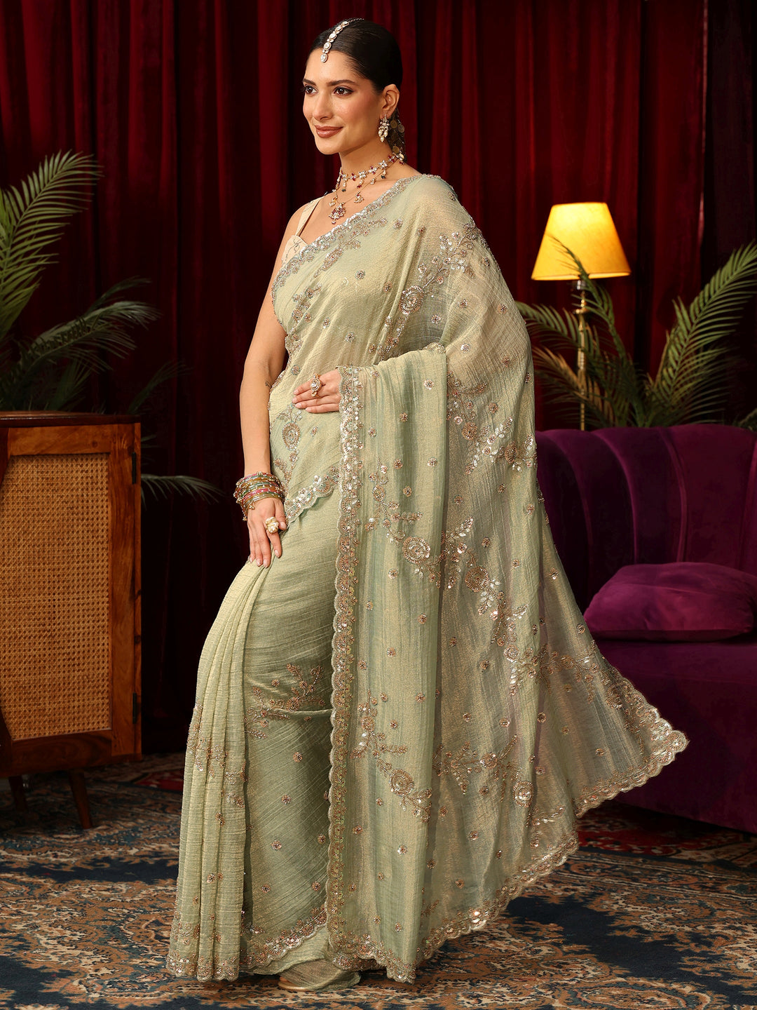 Libas Art Sage Green Beads and Sequin Floral Embellished Tissue Saree