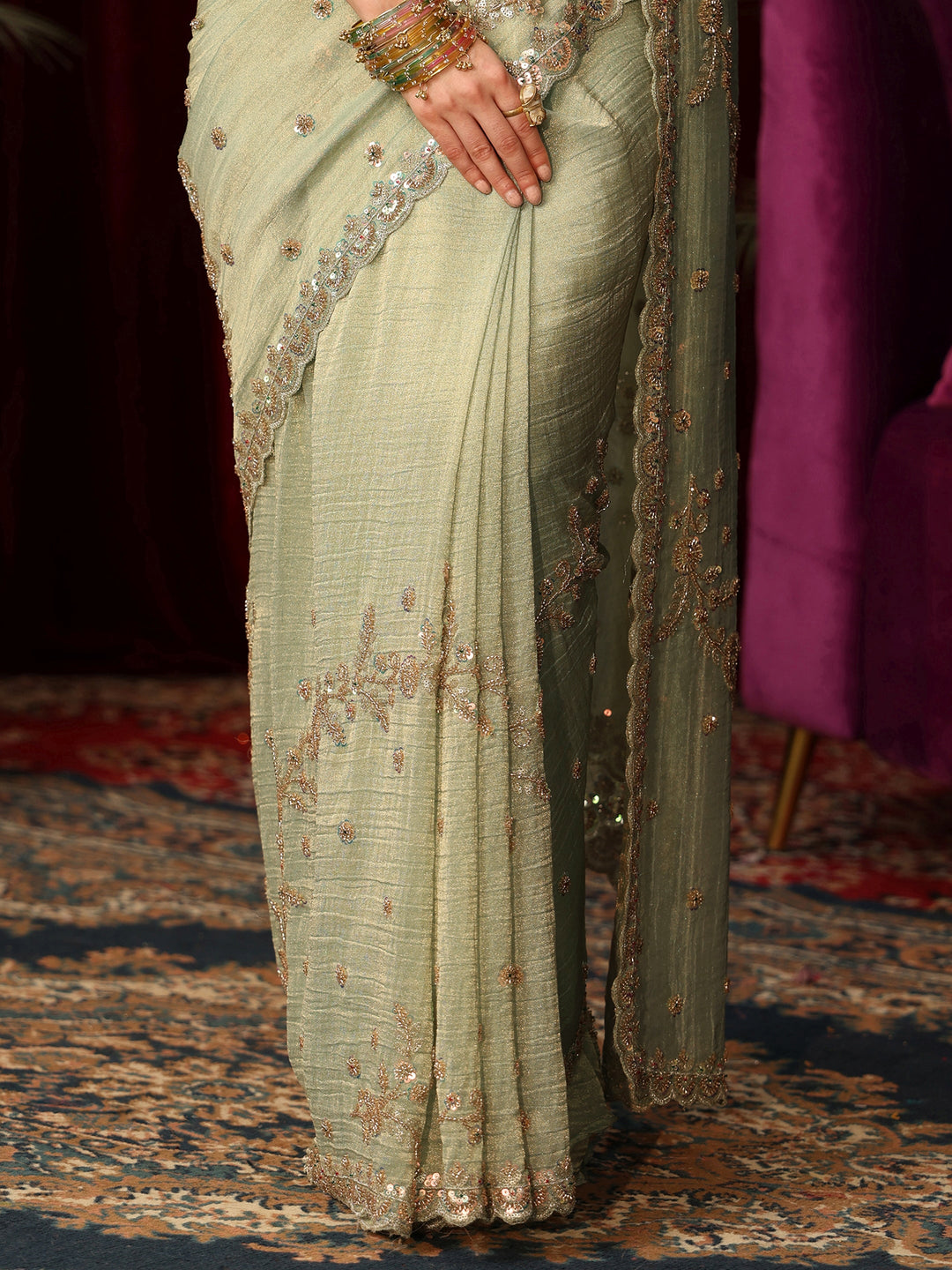 Libas Art Sage Green Beads and Sequin Floral Embellished Tissue Saree