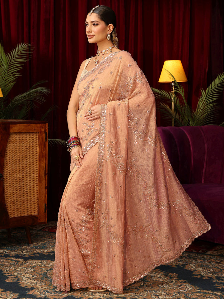 Libas Art Peach Beads and Sequin Floral Embellished Tissue Saree