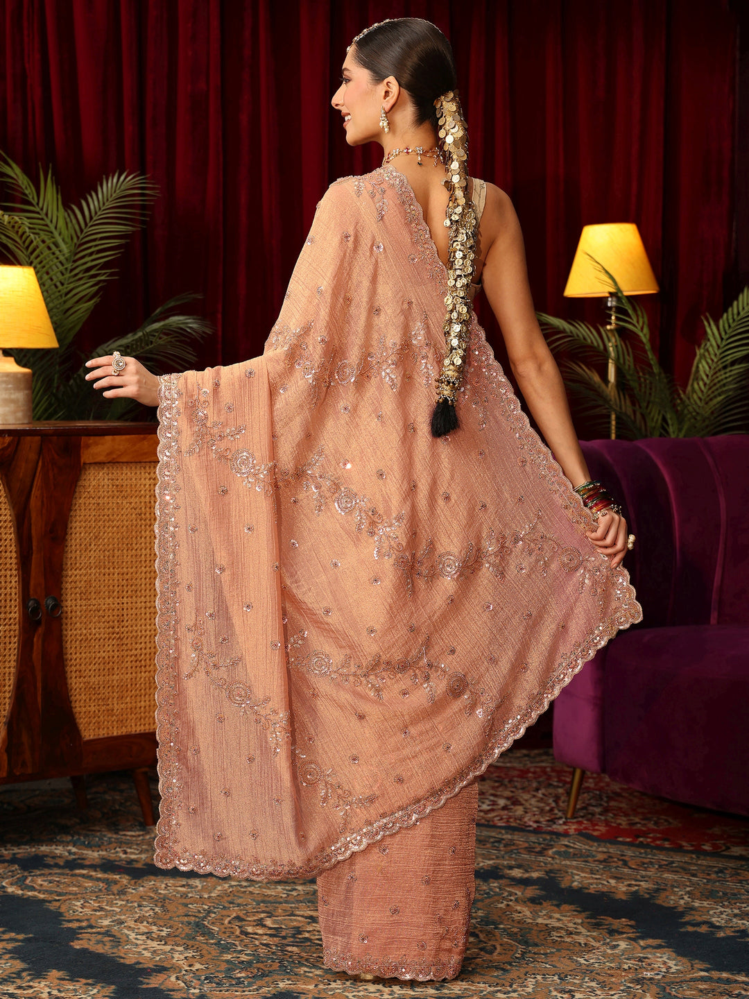 Libas Art Peach Beads and Sequin Floral Embellished Tissue Saree