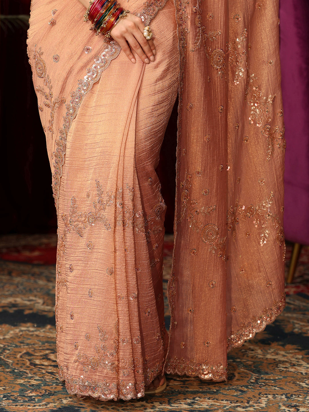 Libas Art Peach Beads and Sequin Floral Embellished Tissue Saree