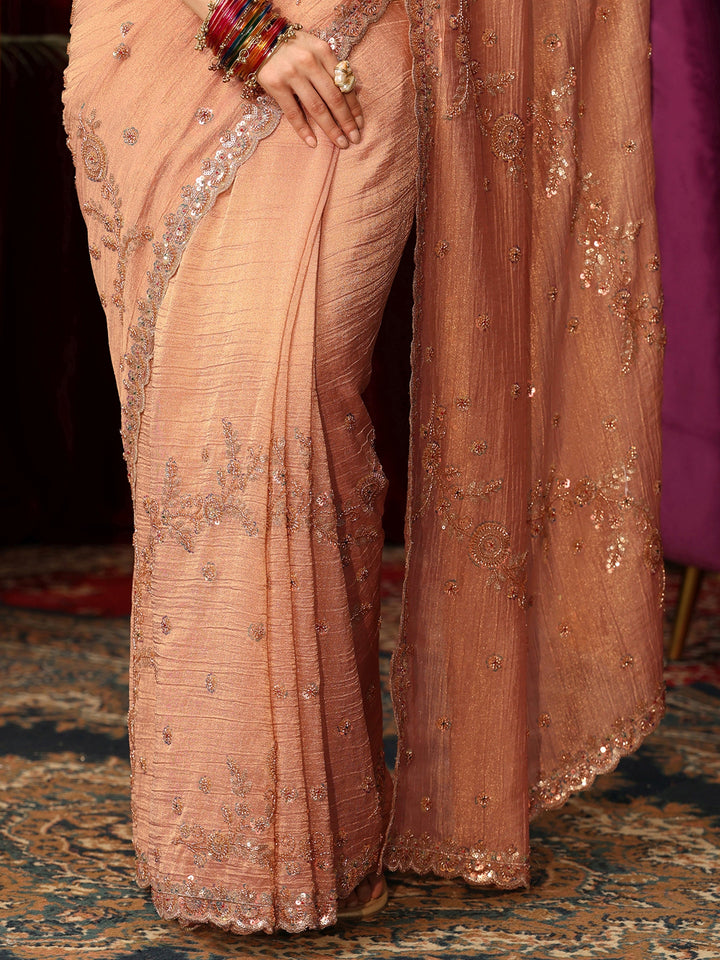 Libas Art Peach Beads and Sequin Floral Embellished Tissue Saree