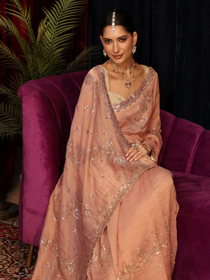 Libas Art Peach Beads and Sequin Floral Embellished Tissue Saree