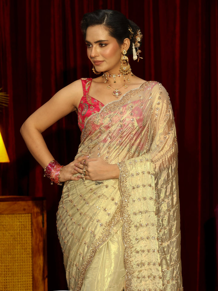 Libas Art Green Embroidered Tissue Saree