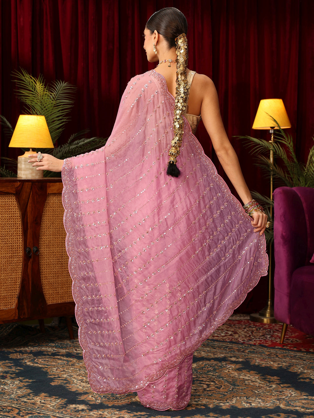 Libas Art Pansy Pink Sequin Embellished Tissue Saree