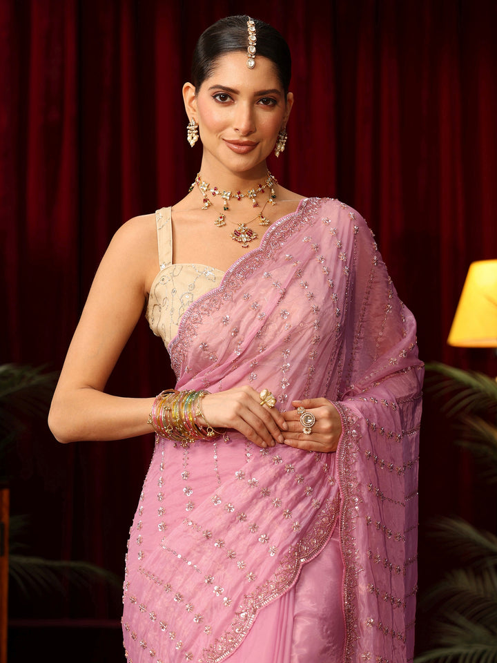 Libas Art Pansy Pink Sequin Embellished Tissue Saree