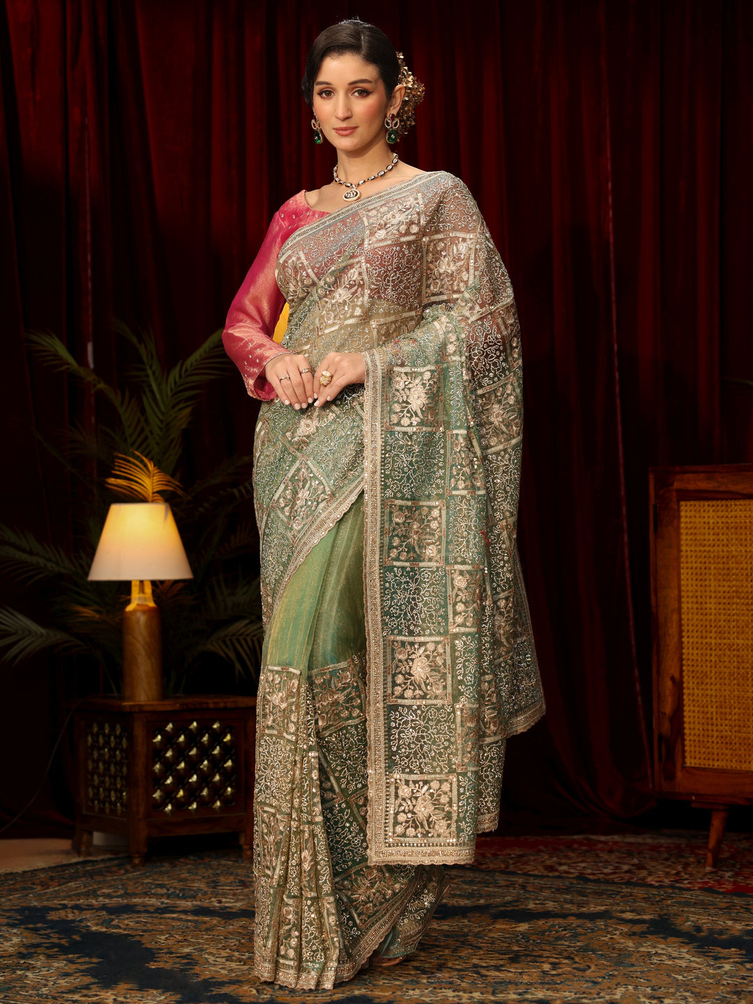 Libas Art Green Floral Embellished Tissue Saree