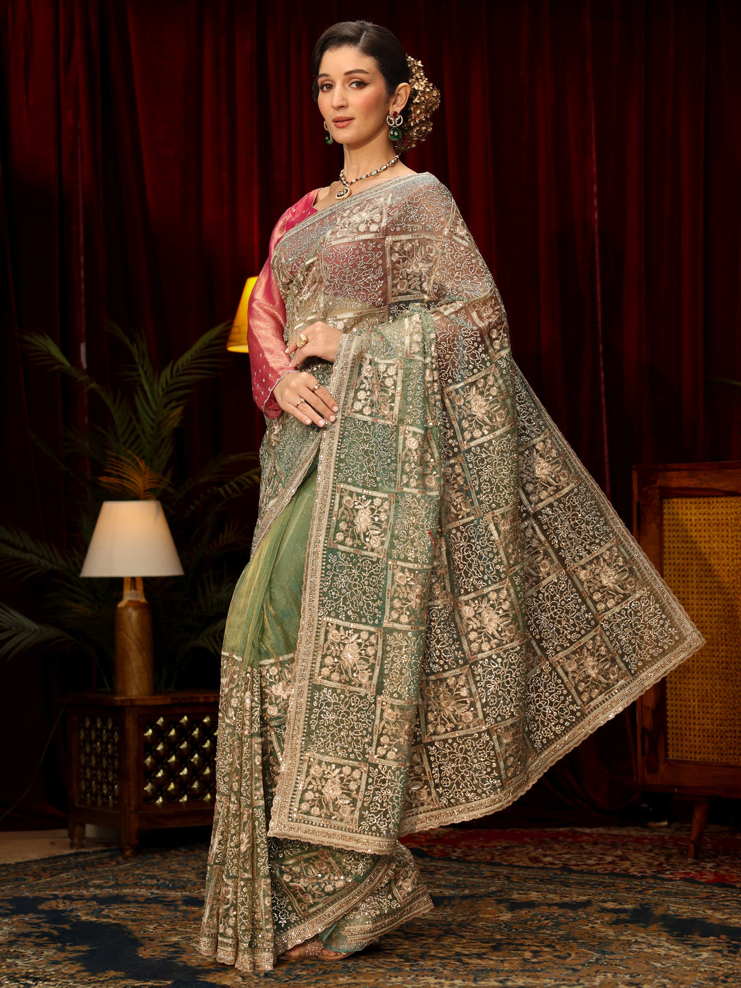 Libas Art Green Floral Embellished Tissue Saree