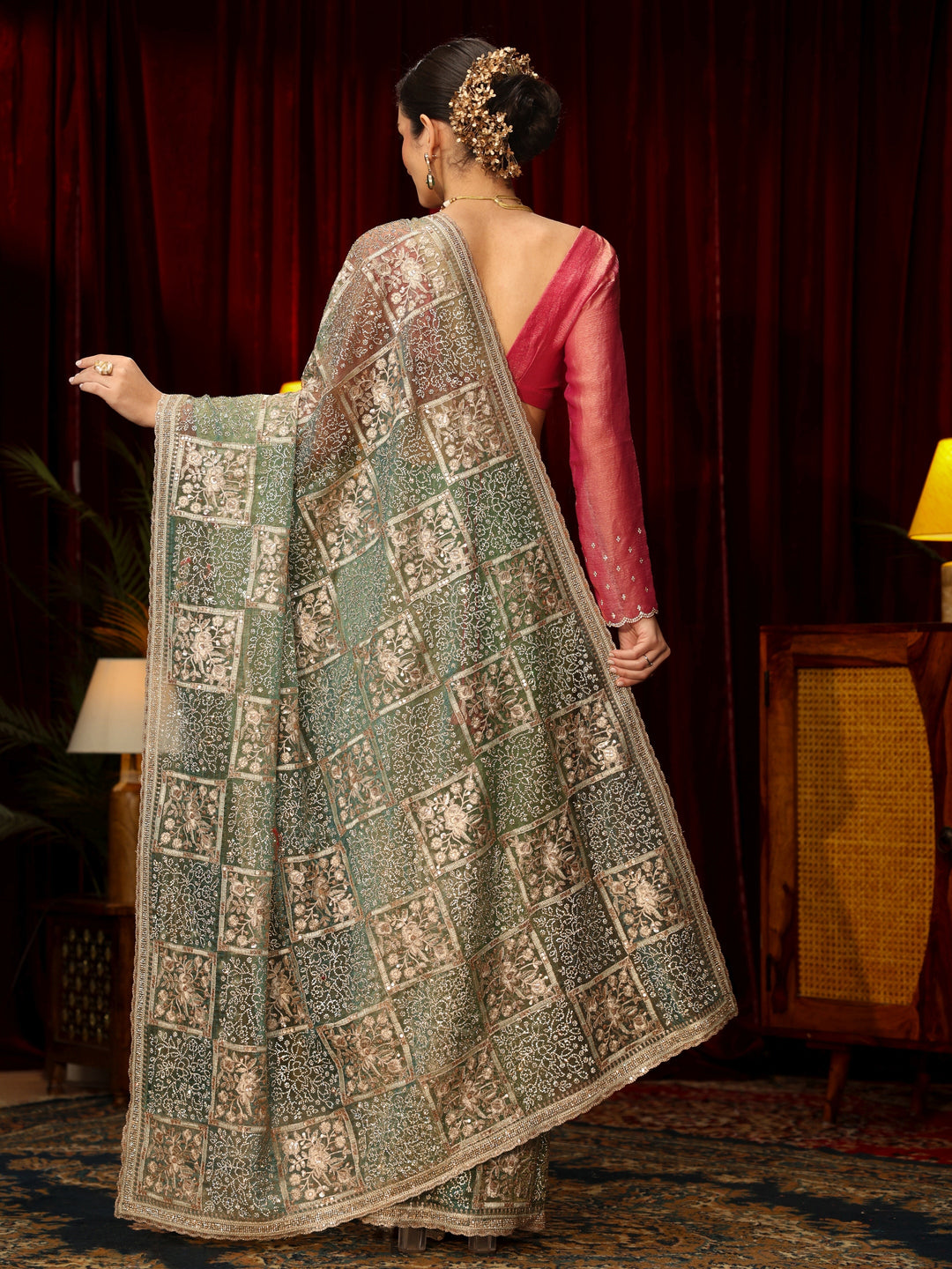 Libas Art Green Floral Embellished Tissue Saree