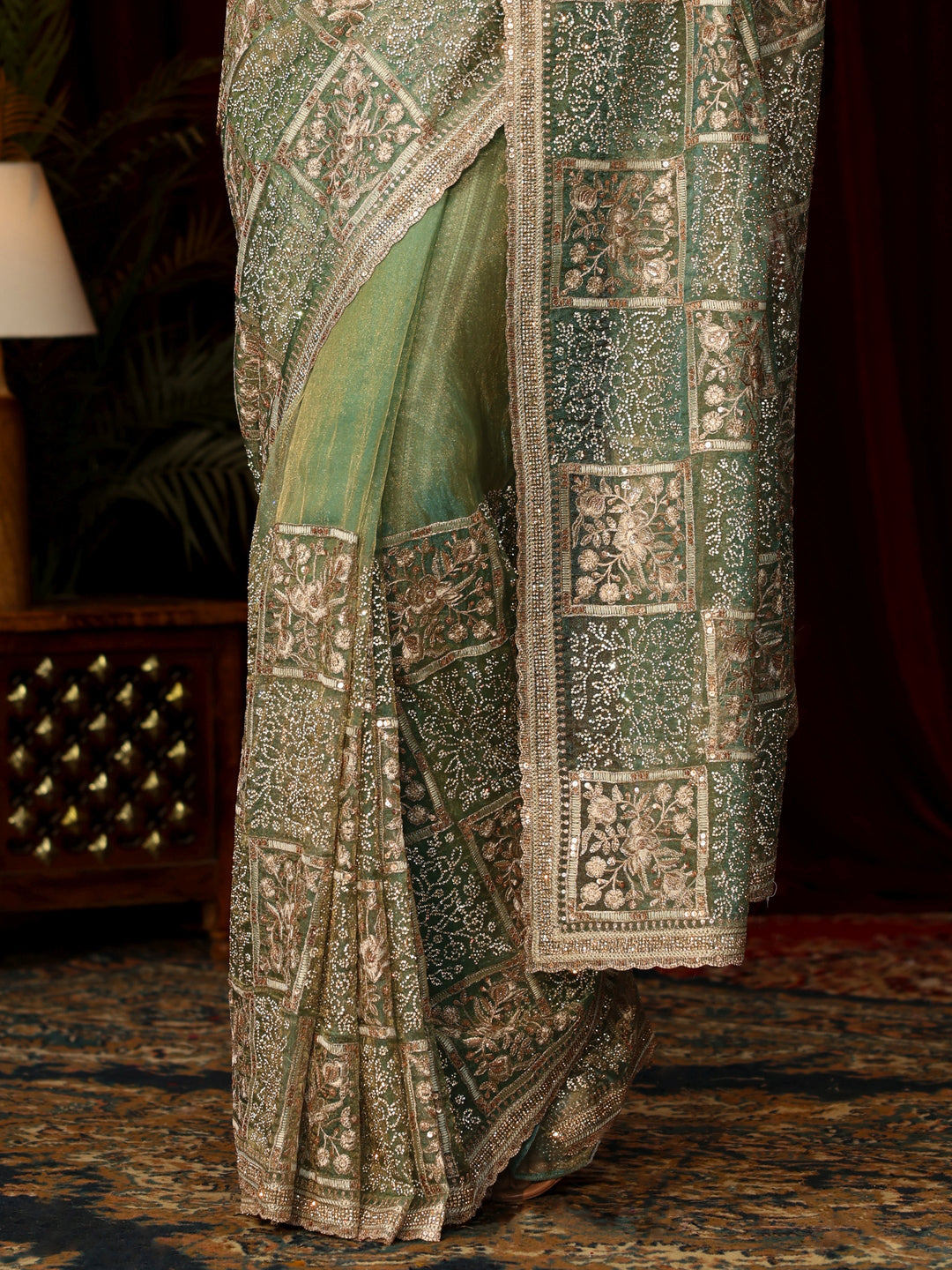 Libas Art Green Floral Embellished Tissue Saree