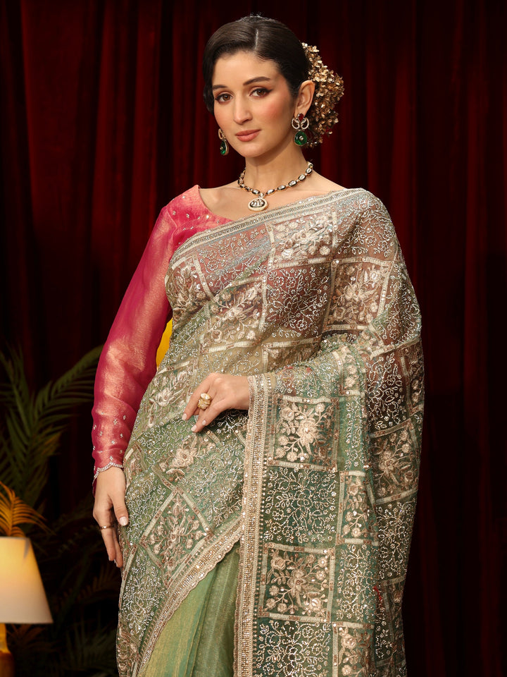Libas Art Green Floral Embellished Tissue Saree