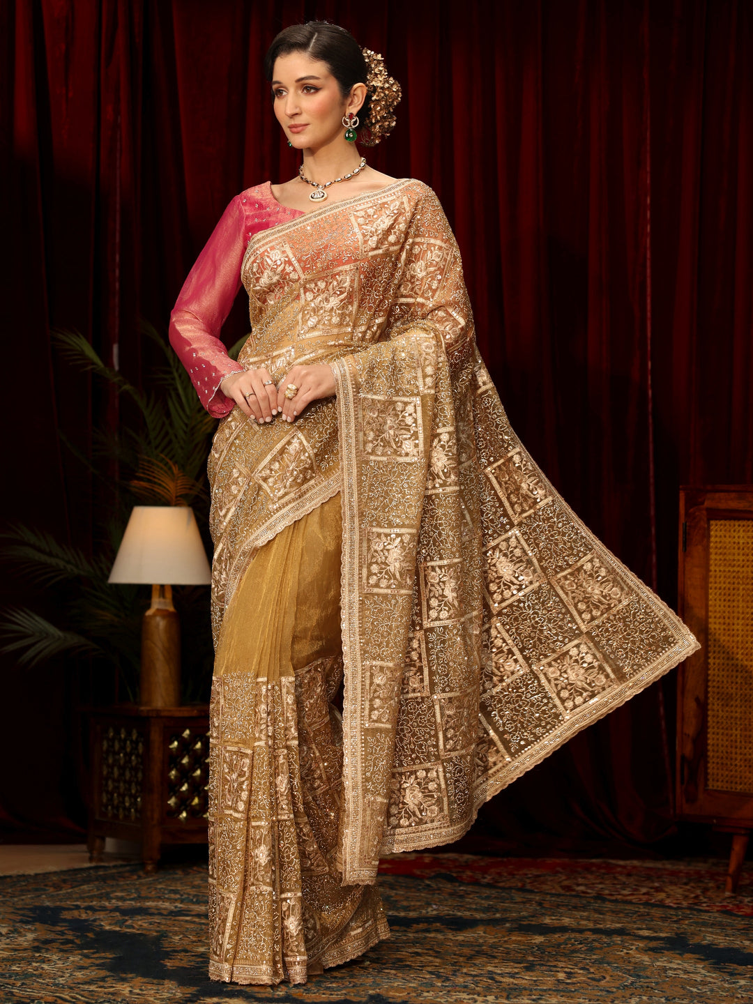 Libas Art Golden Floral Embellished Tissue Saree