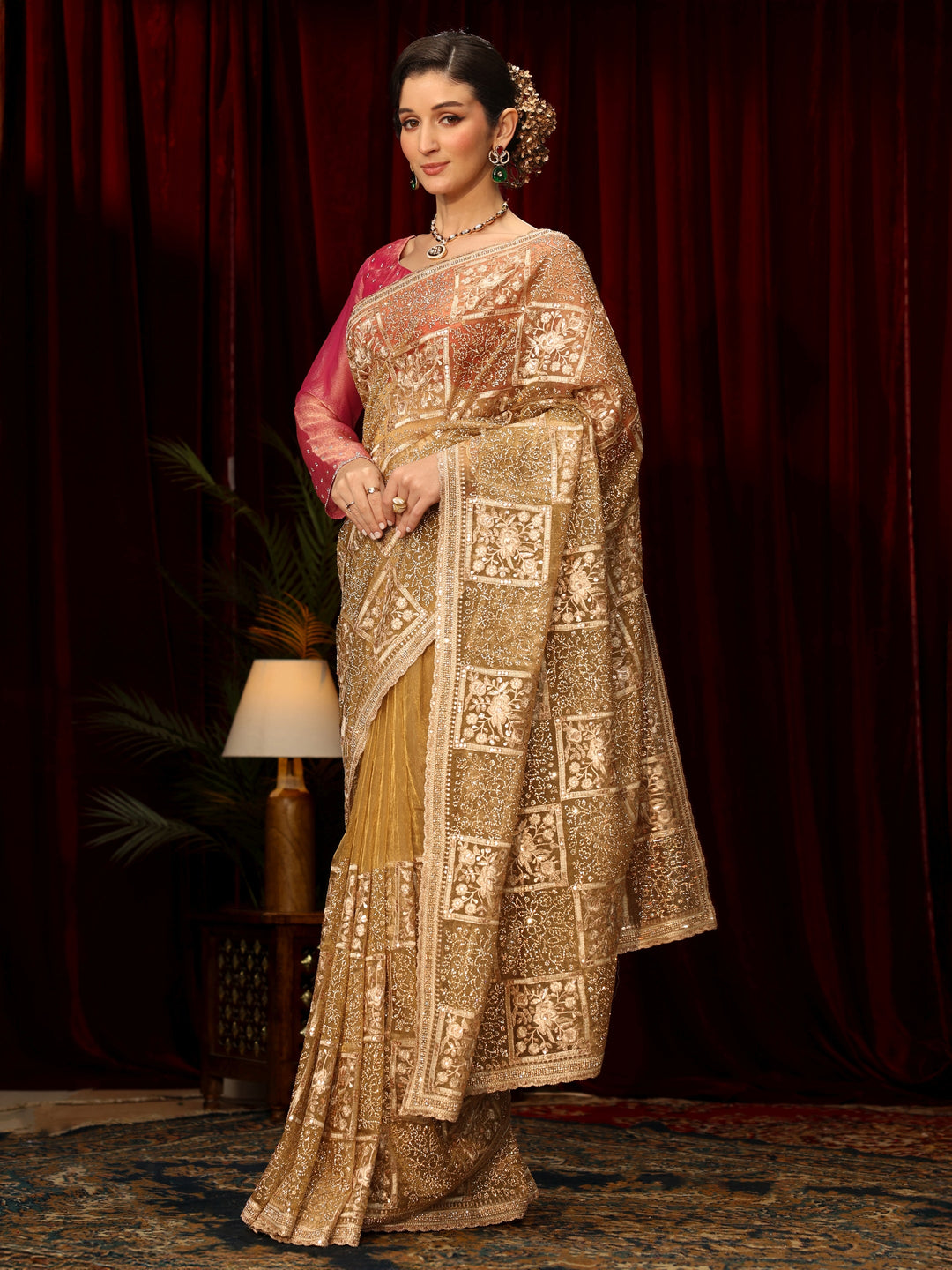 Libas Art Golden Floral Embellished Tissue Saree