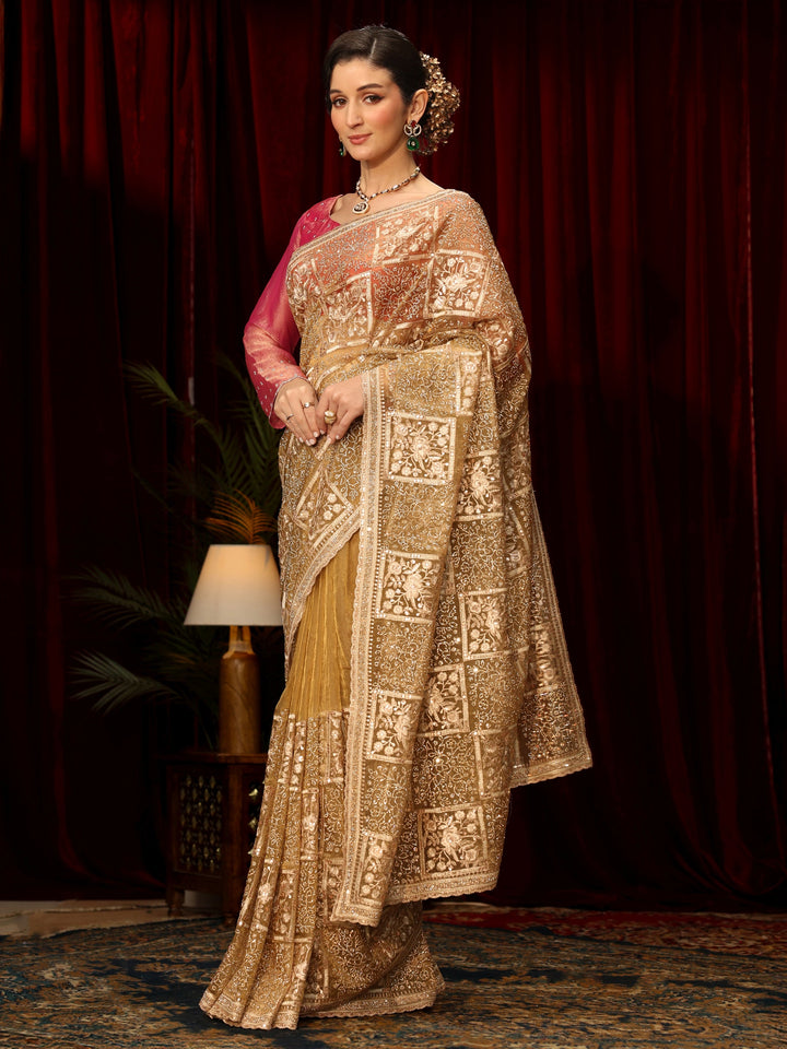 Libas Art Golden Floral Embellished Tissue Saree