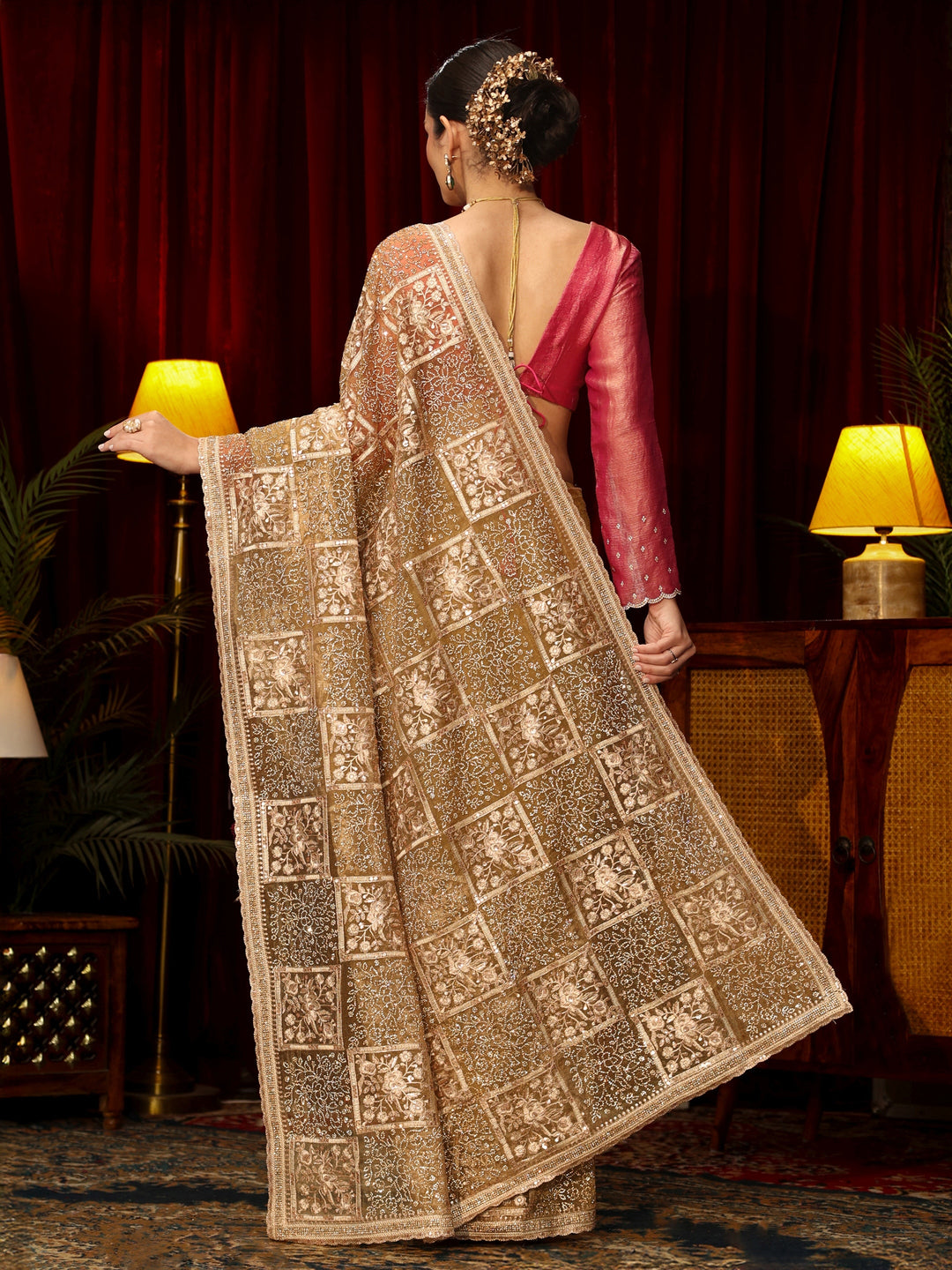 Libas Art Golden Floral Embellished Tissue Saree