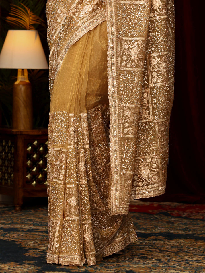 Libas Art Golden Floral Embellished Tissue Saree