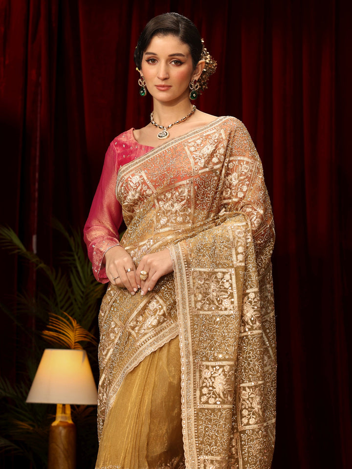 Libas Art Golden Floral Embellished Tissue Saree