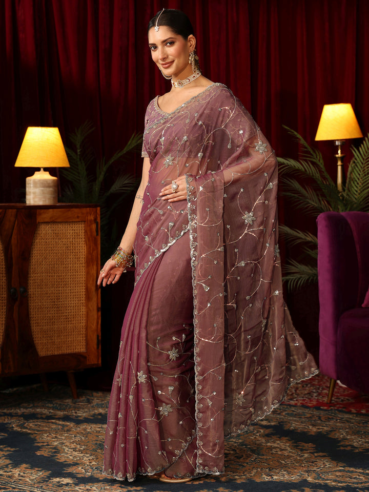 Libas Mauve Floral Embellished Chiffon Saree