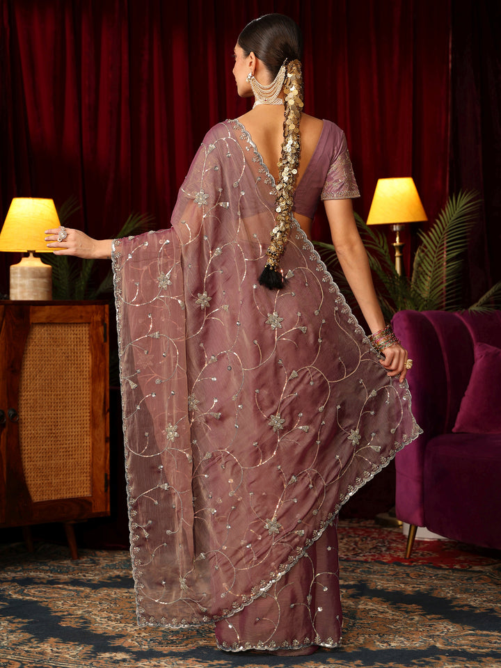 Libas Mauve Floral Embellished Chiffon Saree