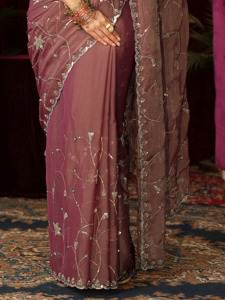 Libas Mauve Floral Embellished Chiffon Saree