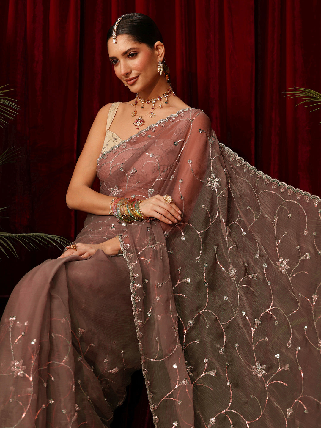 Libas Brown  Floral Sequin Embellished Chiffon Saree