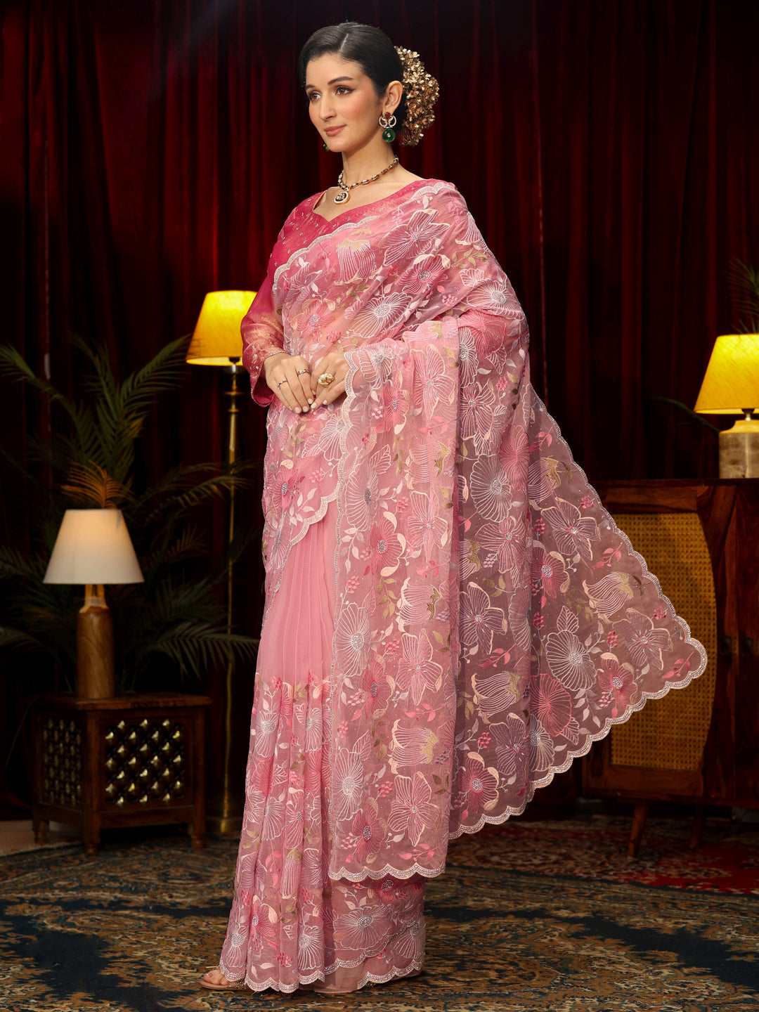 Libas Art Pink Floral Embroidered Tissue Saree