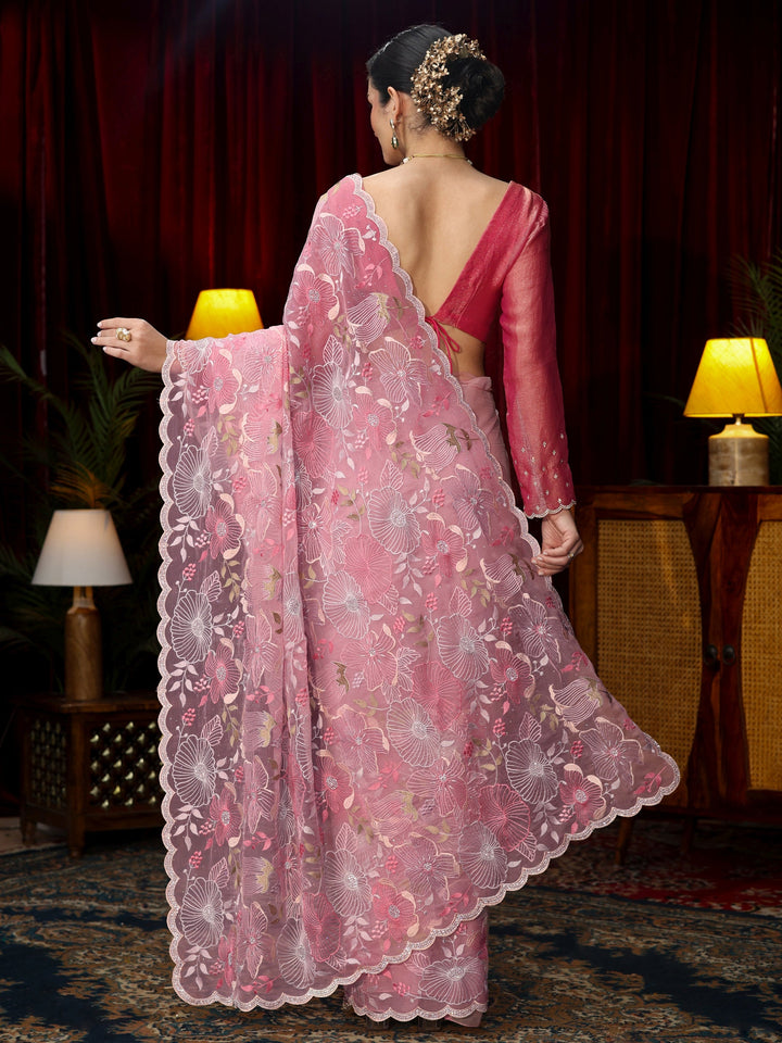 Libas Art Pink Floral Embroidered Tissue Saree