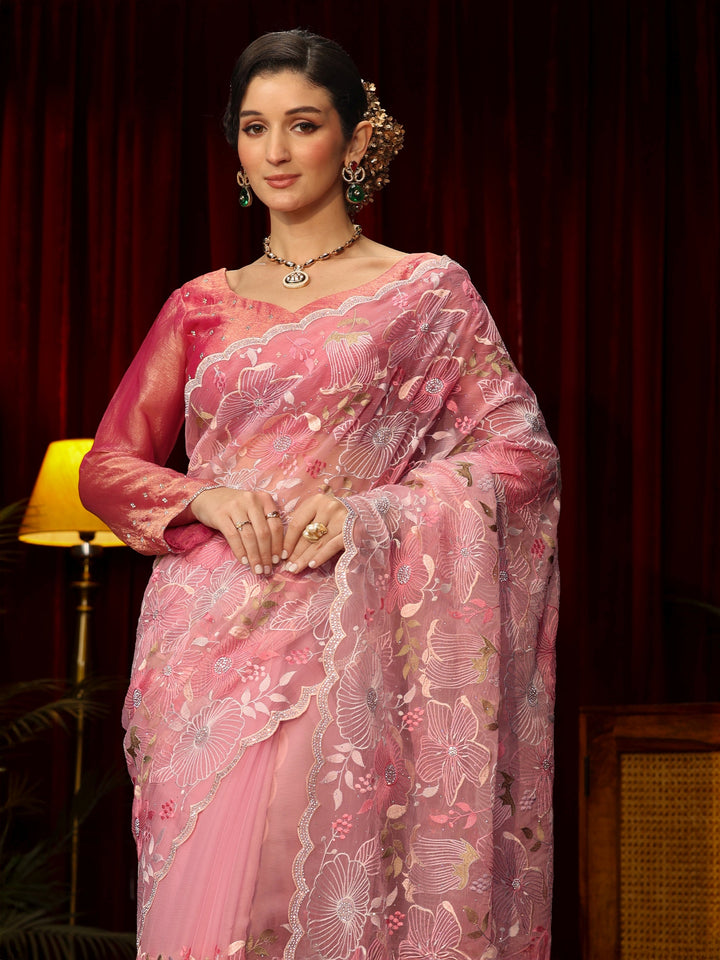 Libas Art Pink Floral Embroidered Tissue Saree