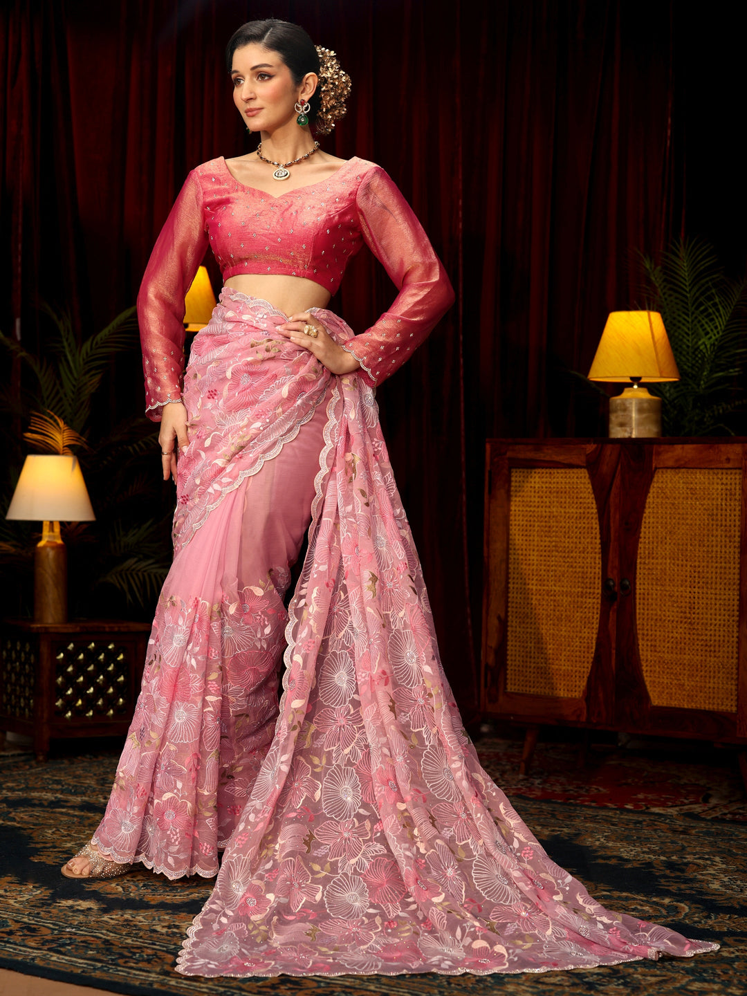 Libas Art Pink Floral Embroidered Tissue Saree