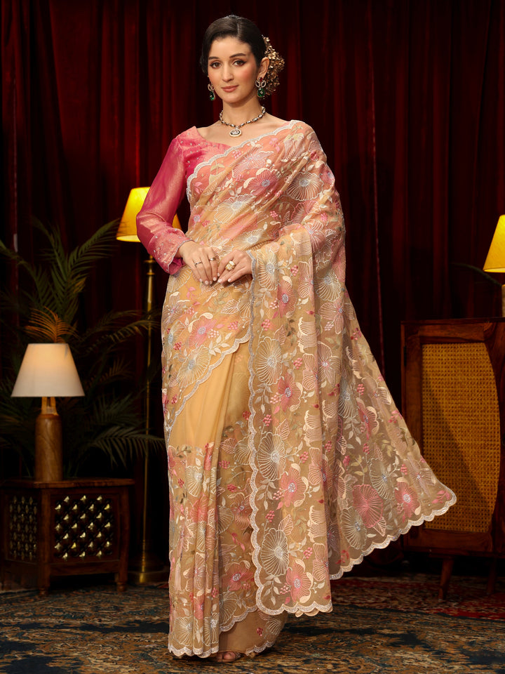 Libas Art Yellow Floral Embroidered Tissue Saree